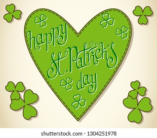 Hand drawn St. Patrick's day greeting card. Irish holiday festival traditional vector illustration. Green heart, clover shamrock leaves, beige background.