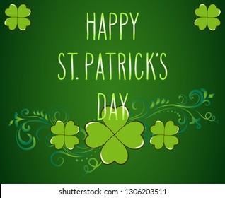 Hand drawn St. Patrick's day greeting card. Irish holiday festival traditional vector illustration. Clover shamrock swirls, leaves, dark green background.