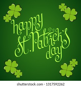 Hand drawn St. Patrick's day greeting card. Irish holiday festival traditional vector illustration. Clover shamrock leaves, dark green background.