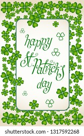 Hand drawn St. Patrick's day greetings over scattered green clover leaves background. Irish holiday festival traditional vector illustration.