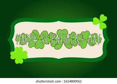 Hand drawn St. Patrick's day greetings in a vintage frame with clover shamrock leaves over dark green background. Irish holiday festival traditional vector illustration.