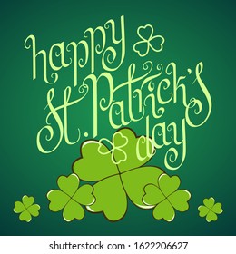Hand drawn St. Patrick's day greeting card. Irish holiday festival traditional vector illustration. Clover shamrock leaves, dark green background.
