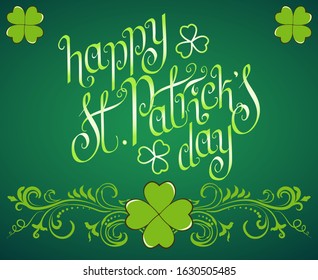 Hand drawn St. Patrick's day greeting card. Irish holiday festival traditional vector illustration. Clover shamrock swirls, leaves, dark green background.
