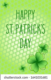 Hand drawn St. Patrick's day greetings over light green background and clover leaves. Irish holiday festival traditional vector illustration.