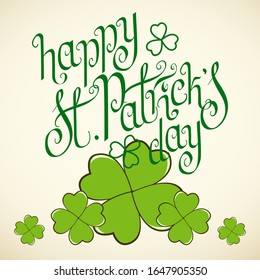 Hand drawn St. Patrick's day greeting card. Irish holiday festival traditional vector illustration. Green clover shamrock leaves, beige background.