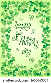 Hand drawn St. Patrick's day greetings over scattered green clover leaves background. Irish holiday festival traditional vector illustration.