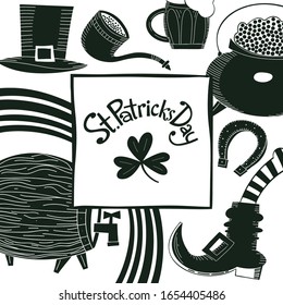 Hand drawn St. Patricks Day design template. Leprechaun hat, clover, beer mug, barrel, golden coin pot illustration. Irish vector background.