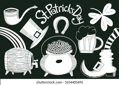 Hand drawn St. Patricks Day design template. Leprechaun hat, clover, beer mug, barrel, golden coin pot illustration. Irish vector background.