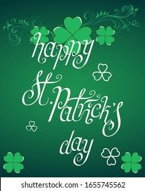 Hand drawn St. Patrick's day greeting card. Irish holiday festival traditional vector illustration. Clover shamrock swirls, leaves, dark green background.