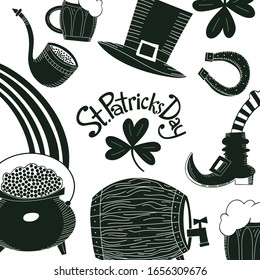 Hand drawn St. Patricks Day design template. Leprechaun hat, clover, beer mug, barrel, golden coin pot illustration. Irish vector background.