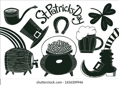 Plantilla de diseño del Día de los Patrones dibujada a mano. Leprechaun sombrero, trébol, tazón de cerveza, barril, ilustración de la cacerola dorada. Fondo vectorial irlandés.