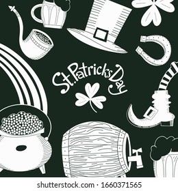 Hand drawn St. Patricks Day design template. Leprechaun hat, clover, beer mug, barrel, golden coin pot illustration. Irish vector background.