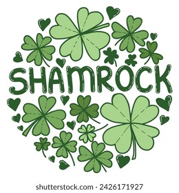 Hand drawn St. Patrick's Day poster. Round greeting card with chamrock leaves. Vector doodle illustration