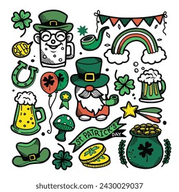 Hand drawn of St. Patrick's Day doodle style colorful hand-drawn icon set with simple engraving effect, editable stroke width. Cute Irish holiday symbols and elements collection