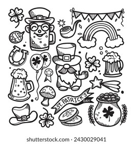 Hand drawn of St. Patrick's day doodle set. Cooking elements. Beer mugs, clover, pot of gold, hat in sketch style.  Hand drawn vector illustration isolated on white background