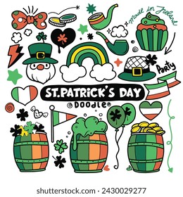 Hand drawn of St. Patrick's Day doodle style colorful hand-drawn icon set with simple engraving effect, editable stroke width. Cute Irish holiday symbols and elements collection