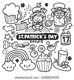 Hand drawn of St. Patrick's day doodle set. Cooking elements. Beer mugs, clover, pot of gold, hat in sketch style.  Hand drawn vector illustration isolated on white background.