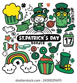 Hand drawn of St. Patrick's Day doodle style colorful hand-drawn icon set with simple engraving effect, editable stroke width. Cute Irish holiday symbols and elements collection.
