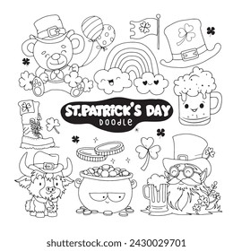 Hand drawn of St. Patrick's day doodle set. Cooking elements. Beer mugs, clover, pot of gold, hat in sketch style.  Hand drawn vector illustration isolated on white background.