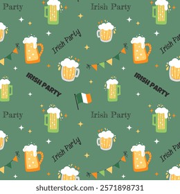 Hand drawn St. Patrick's Day seamless pattern. Irish Party. Mugs of beer. Perfect for wallpaper, gift paper, wrapping paper, greeting card, packaging