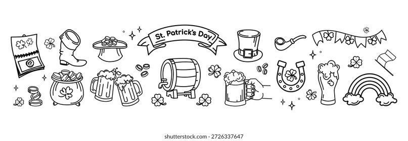 Dibujado a mano St. Patricks Day Doodle iconos establecidos en estilo de arte de línea negra con tazas de cerveza, tréboles, sombrero de duende, arco iris, monedas de oro, pipa, barril, decoraciones irlandesas para impresión y uso digital. Vector