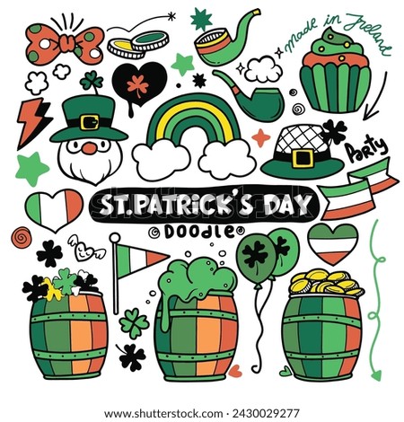 Hand drawn of St. Patrick's Day doodle style colorful hand-drawn icon set with simple engraving effect, editable stroke width. Cute Irish holiday symbols and elements collection