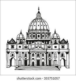 Hand drawn St. Peter's Basilica, Vatican, Rome, Italy. Vector illustration of St. Peter's Cathedral