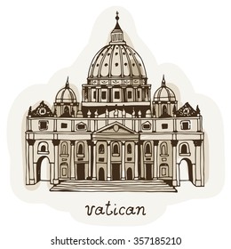 Hand drawn St. Peter's Basilica, Vatican, Rome, Italy. Vector illustration of St. Peter's Cathedral