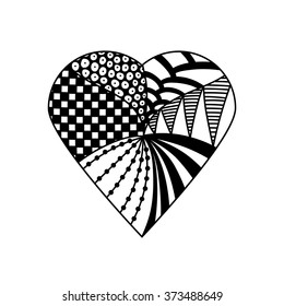 Hand drawn St. Valentine's day heart with romantic doodle, zentangle elements. Mandala style for coloring book for adult. Black and white vector illustration.