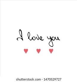 Hand drawn St. Valentine's vector illustration. I love you lettering on English. Perfect for a greeting card. Small pink hearts. International translation day. Romantic poster. Handwritten phrase.