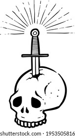 hand drawn stabbed skull by a sword. Vector illustration.