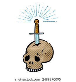 Hand drawn stabbed skull by a sword halftone color vector illustration