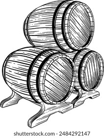 Handgezeichneter Stapel von Bierfässern oder Weinfässern Skizze Illustration