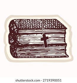 Pilha desenhada à mão de bíblias com marcador cristão cruz . Simples isolado vetor motif conjunto ou bonita bíblia estilo adesivo estilo clip art . Mapeamento de versos femininos projeto de ícone de estudo bíblico