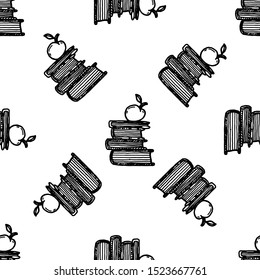 Hand Drawn stack of books with apple doodle. Sketch style seamless pattern. Decoration element. Isolated on white background. Flat design. Vector illustration.