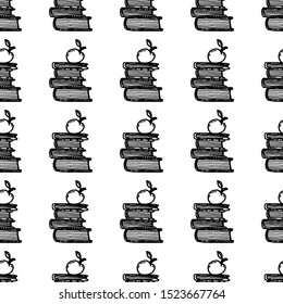 Hand Drawn stack of books with apple doodle. Sketch style seamless pattern. Decoration element. Isolated on white background. Flat design. Vector illustration.