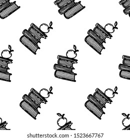 Hand Drawn stack of books with apple doodle. Sketch style seamless pattern. Decoration element. Isolated on white background. Flat design. Vector illustration.