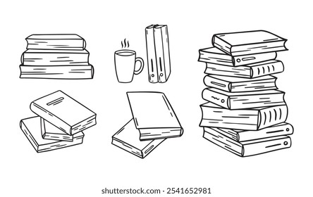 Pilha de livros desenhada à mão. fazer doodle pilha de contorno diferente de livros. conjunto de ícones de estilo linear. Desenhando variações de livros. Ilustração vetorial