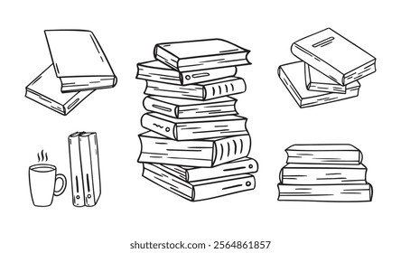 Hand drawn stack of books. doodle different outline pile of books. linear style icons set. Drawing books variations. Vector illustration