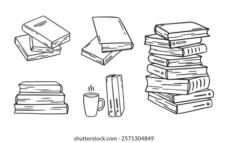 Hand drawn stack of books. doodle different outline pile of books. linear style icons set. Drawing books variations. Vector illustration