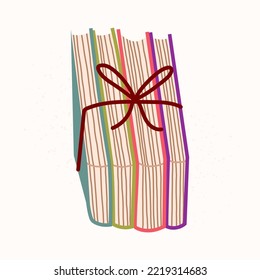 Hand drawn stack of books with red ribbon isolated on white. Vector book shopping concept