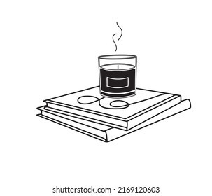 Hand drawn stack of books or textbooks, with a aromatic candle in glass on them,  in line style isolated vector illustration