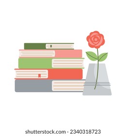 Hand drawn stack of books and a vase with red roses. Vector illustration. Simple flat style.