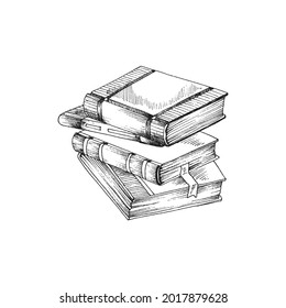 Hand drawn stack of books. Vector illustration isolated on white background sketch of stack of books for education, library or school. Symbol of knowledge.