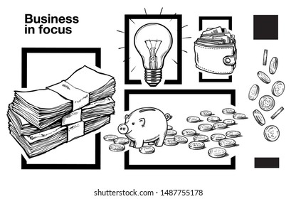 Hand drawn stack of cash, piggy bank with coins, light bulb and full wallet. Set of money illustrations in frames for business. Black and white design elements isolated on white background. 