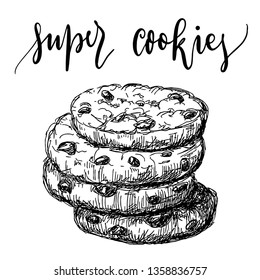 Hand drawn stack of cookies isolated on white background. Pen and ink food illustration. Vintage etching drawing.