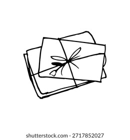 Pila dibujada a mano de letras atadas con cuerda y arco, vista superior con flor Pequeña. Ilustración de arte de línea acogedora perfecta para el diseño de papelería, postales, pegatinas, diario y marca