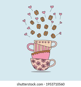 Hand drawn stack vintage style coffee cup with beans and heart spreading on white background in doodle art style
