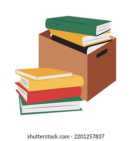 Hand drawn stacks of books, ready for moving and relocation, packed in cardboard box. Isolated vector illustration in flat style