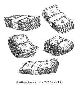 Handgezeichnete Banknotenstapel und -rollen, die Vermögen, Volkswirtschaft und Finanztransaktionen darstellen und Geschäfts-, Einkommens- und Zahlungskonzepte im Stilstil darstellen